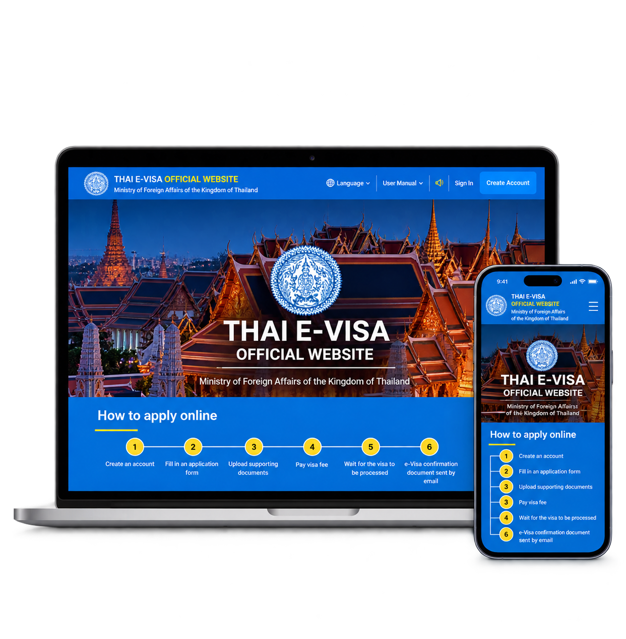 Thai e-Visa official website showing the online visa application process