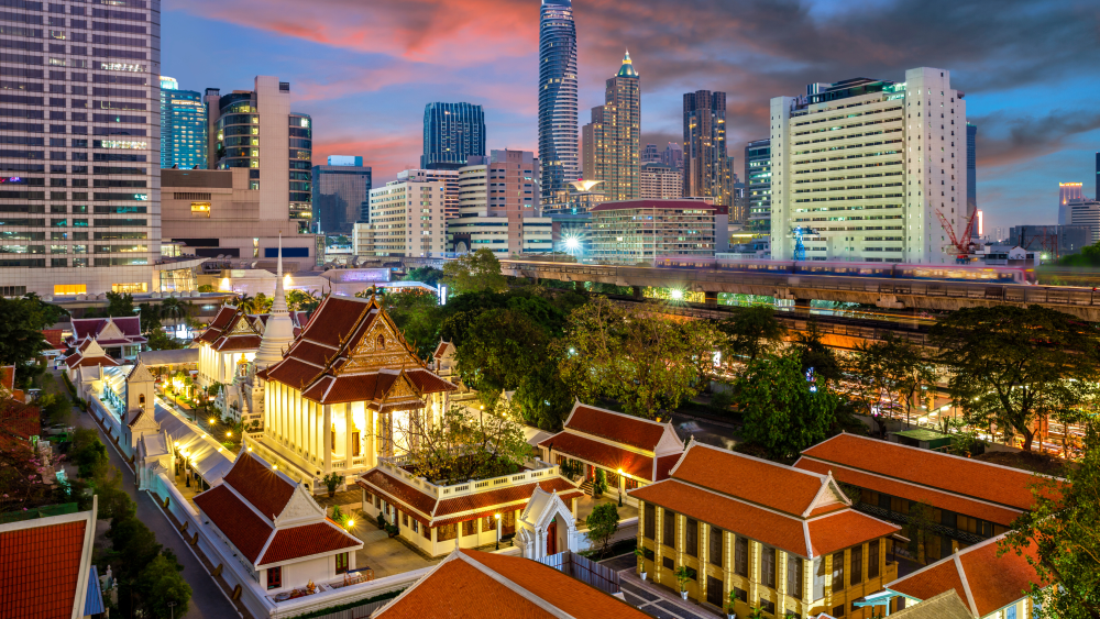 Temple and skyline in Bangkok